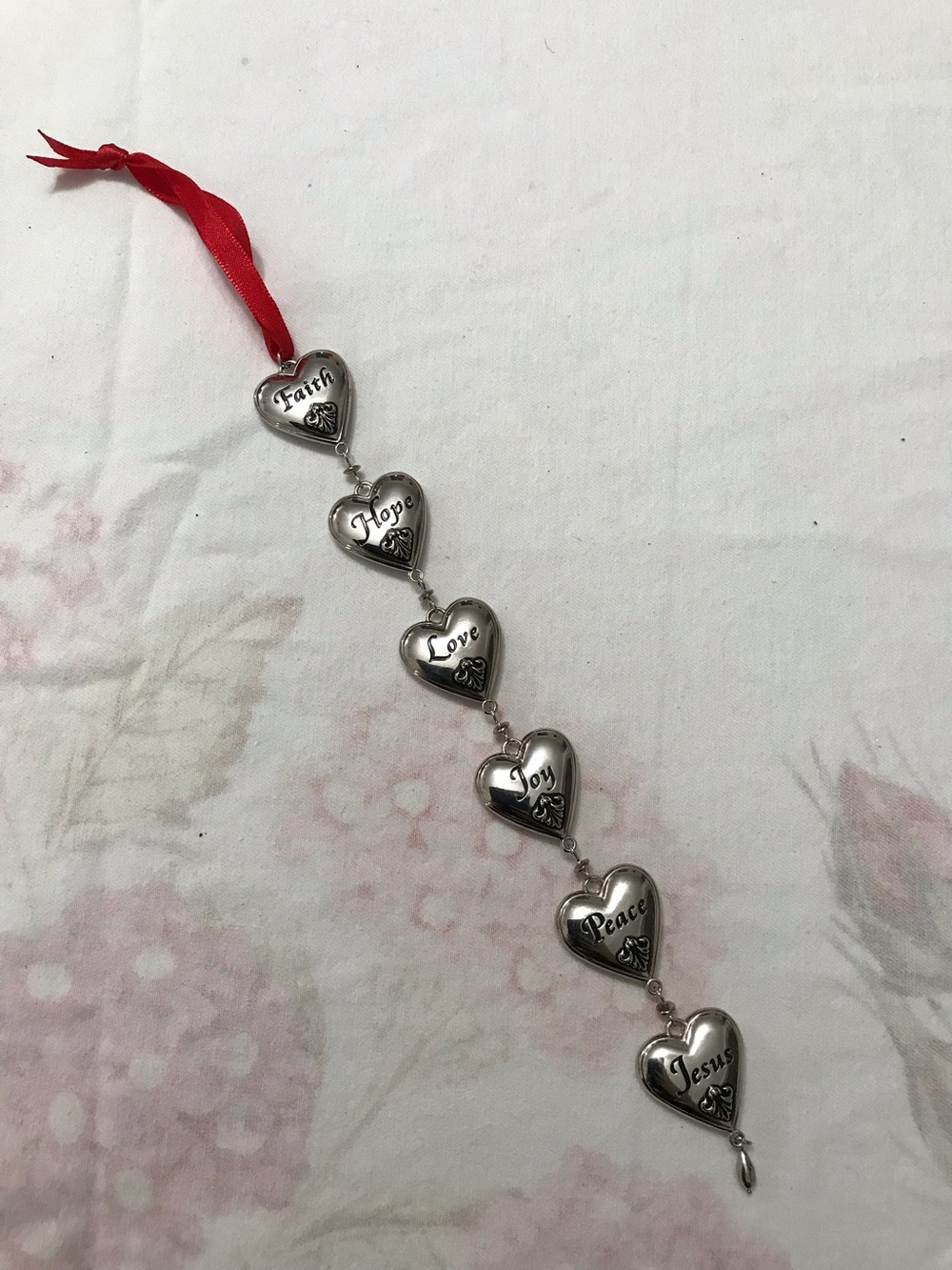 Silver Tone Red Ribbon Heart Love Jesus Hope Christmas Ornament